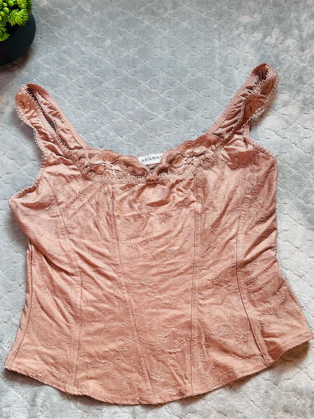 Arianne Blush Pink Floral Embroidered Lace Camisole Corset Top L Cottagecore